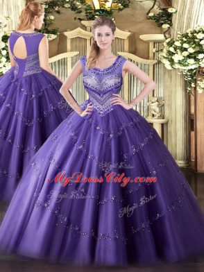 Sleeveless Tulle Floor Length Lace Up 15 Quinceanera Dress in Purple with Beading and Appliques