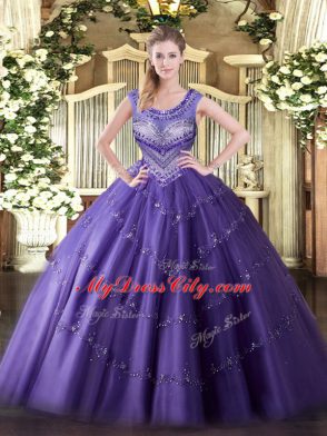 Sleeveless Tulle Floor Length Lace Up 15 Quinceanera Dress in Purple with Beading and Appliques