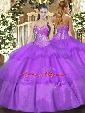 Best Selling Lilac Tulle Lace Up Sweetheart Sleeveless Floor Length Quinceanera Dress Beading and Ruffled Layers