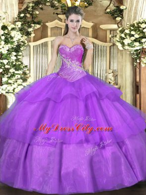 Best Selling Lilac Tulle Lace Up Sweetheart Sleeveless Floor Length Quinceanera Dress Beading and Ruffled Layers
