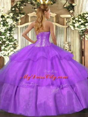 Best Selling Lilac Tulle Lace Up Sweetheart Sleeveless Floor Length Quinceanera Dress Beading and Ruffled Layers