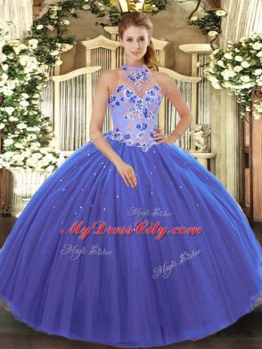 Customized Blue Sleeveless Floor Length Embroidery Lace Up Quinceanera Gown