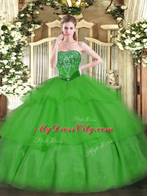 Sweet Strapless Sleeveless Lace Up Quinceanera Gowns Green Tulle