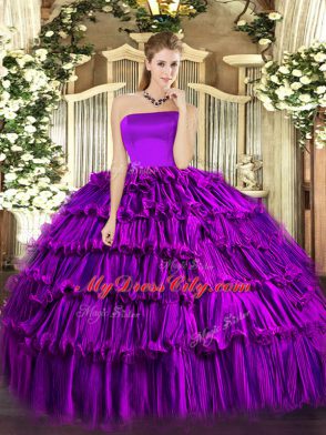 Sophisticated Floor Length Purple Quinceanera Gown Strapless Sleeveless Zipper