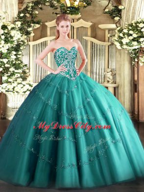 Excellent Teal Sleeveless Tulle Lace Up Quinceanera Dresses for Military Ball and Sweet 16 and Quinceanera