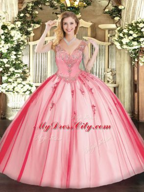 Cheap Coral Red Sleeveless Floor Length Beading Lace Up Vestidos de Quinceanera