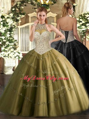 Brown Sleeveless Tulle Lace Up Sweet 16 Dress for Military Ball and Sweet 16 and Quinceanera