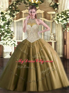 Brown Sleeveless Tulle Lace Up Sweet 16 Dress for Military Ball and Sweet 16 and Quinceanera