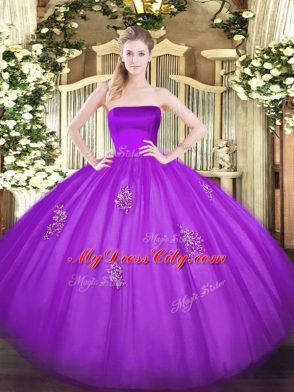 Sexy Tulle Strapless Sleeveless Zipper Appliques 15th Birthday Dress in Eggplant Purple