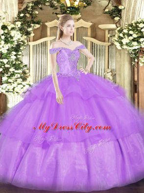 Traditional Lavender Ball Gowns Off The Shoulder Sleeveless Organza Floor Length Lace Up Beading and Ruffled Layers Sweet 16 Quinceanera Dress