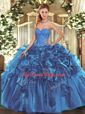 Simple Sleeveless Floor Length Beading and Ruffles Lace Up Sweet 16 Dresses with Blue