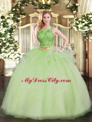 Yellow Green Two Pieces Organza Scoop Sleeveless Beading Floor Length Lace Up Quince Ball Gowns