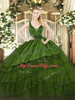 Sleeveless Organza and Taffeta Floor Length Zipper Quinceanera Gown in Dark Green with Beading and Embroidery and Ruffled Layers