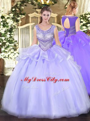 Scoop Sleeveless Organza Quinceanera Gowns Beading Lace Up