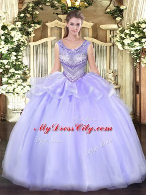 Scoop Sleeveless Organza Quinceanera Gowns Beading Lace Up