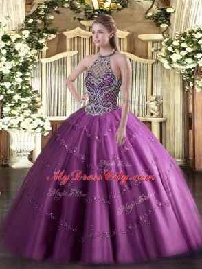 Lilac Tulle Lace Up Quinceanera Gowns Sleeveless Floor Length Beading