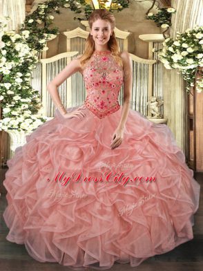 Peach Halter Top Neckline Beading and Embroidery and Ruffles Vestidos de Quinceanera Sleeveless Lace Up