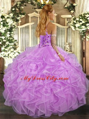 Peach Halter Top Neckline Beading and Embroidery and Ruffles Vestidos de Quinceanera Sleeveless Lace Up