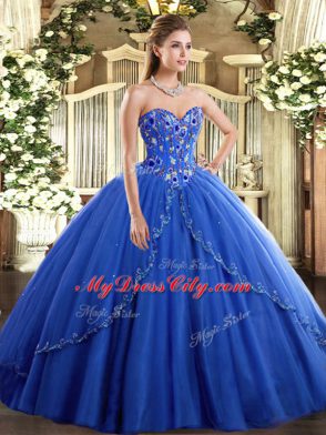 Blue Sleeveless Tulle Brush Train Lace Up Sweet 16 Dress for Military Ball and Sweet 16 and Quinceanera