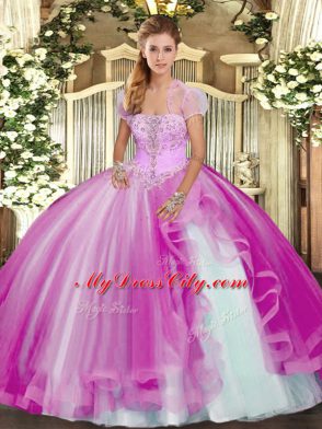 Sleeveless Floor Length Appliques and Ruffles Lace Up Quince Ball Gowns with Fuchsia