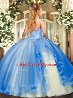 Sleeveless Floor Length Appliques and Ruffles Lace Up Quince Ball Gowns with Fuchsia