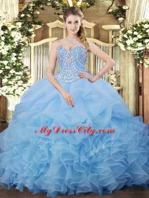 Fine Sweetheart Sleeveless Lace Up Sweet 16 Dress Aqua Blue Organza