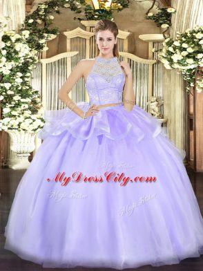 Tulle Scoop Sleeveless Zipper Lace Sweet 16 Quinceanera Dress in Lavender