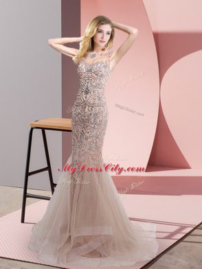 Delicate Champagne Tulle Zipper Prom Evening Gown Sleeveless Sweep Train Beading and Ruffles