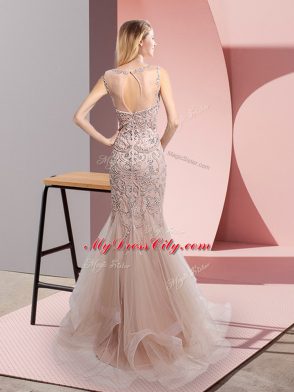 Delicate Champagne Tulle Zipper Prom Evening Gown Sleeveless Sweep Train Beading and Ruffles