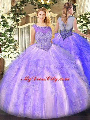 Floor Length Lavender Sweet 16 Dresses Scoop Sleeveless Lace Up