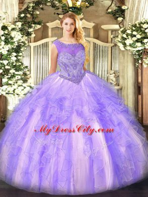 Floor Length Lavender Sweet 16 Dresses Scoop Sleeveless Lace Up