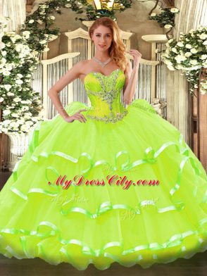 Dazzling Yellow Green Ball Gowns Beading and Ruffled Layers Sweet 16 Quinceanera Dress Lace Up Organza Sleeveless Floor Length
