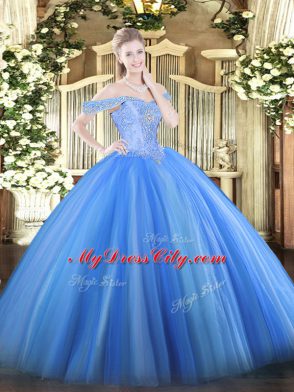 Wonderful Off The Shoulder Sleeveless Lace Up Vestidos de Quinceanera Baby Blue Tulle