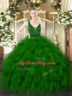 Admirable Organza Straps Sleeveless Zipper Beading and Ruffles Quinceanera Gown in Dark Green
