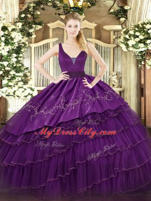 Luxury Purple Sleeveless Organza and Taffeta Zipper Quinceanera Gown for Military Ball and Sweet 16 and Quinceanera