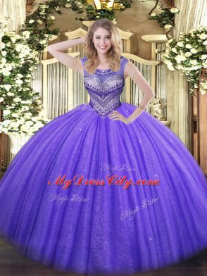 Discount Sleeveless Floor Length Beading Lace Up Quinceanera Dresses with Lavender