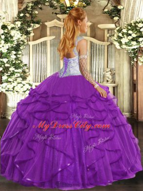 Low Price Fuchsia Ball Gowns Tulle Sweetheart Sleeveless Beading and Ruffles Floor Length Lace Up Quinceanera Gown