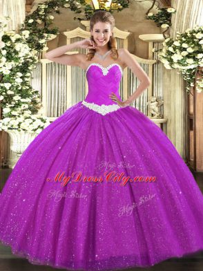 Sumptuous Sleeveless Floor Length Appliques Lace Up Vestidos de Quinceanera with Fuchsia