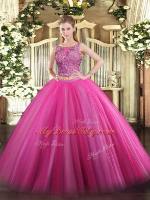 Delicate Sleeveless Floor Length Beading Lace Up Quinceanera Dress with Hot Pink
