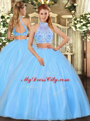 Aqua Blue Two Pieces Halter Top Sleeveless Tulle Floor Length Criss Cross Beading Quinceanera Gown