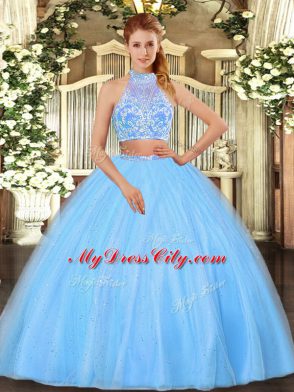 Aqua Blue Two Pieces Halter Top Sleeveless Tulle Floor Length Criss Cross Beading Quinceanera Gown