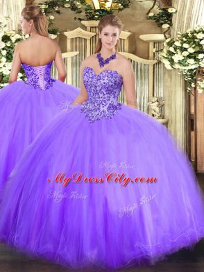 Popular Sleeveless Floor Length Appliques Lace Up Quinceanera Gown with Lavender