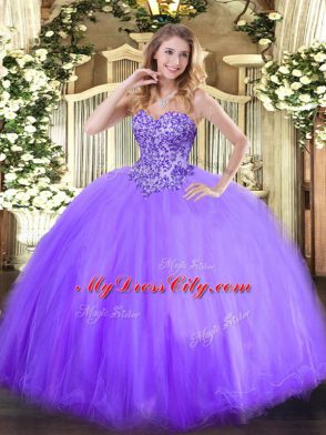 Popular Sleeveless Floor Length Appliques Lace Up Quinceanera Gown with Lavender