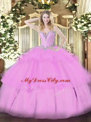 Fantastic Sleeveless Tulle Floor Length Lace Up Sweet 16 Dress in Lilac with Beading and Ruffled Layers