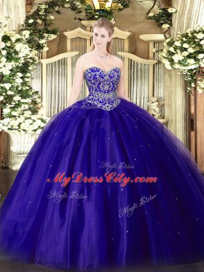 Most Popular Blue Ball Gowns Beading 15 Quinceanera Dress Lace Up Tulle Sleeveless Floor Length