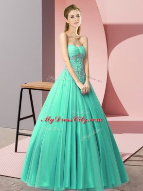 Inexpensive Sweetheart Sleeveless Dress for Prom Floor Length Beading Turquoise Tulle