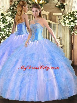 Fantastic Aqua Blue Lace Up Sweetheart Beading and Ruffles Quinceanera Gown Tulle Sleeveless