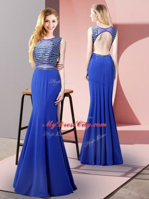 Sleeveless Elastic Woven Satin Floor Length Backless Evening Dress in Royal Blue with Beading