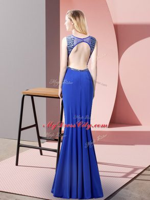 Sleeveless Elastic Woven Satin Floor Length Backless Evening Dress in Royal Blue with Beading