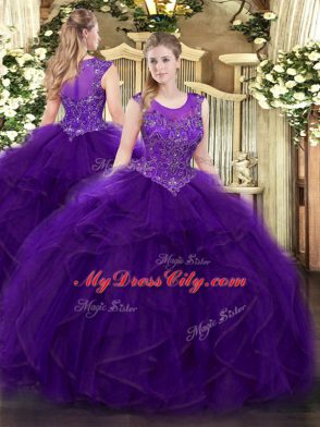 Purple 15 Quinceanera Dress Military Ball and Sweet 16 and Quinceanera with Beading and Ruffles Scoop Sleeveless Zipper